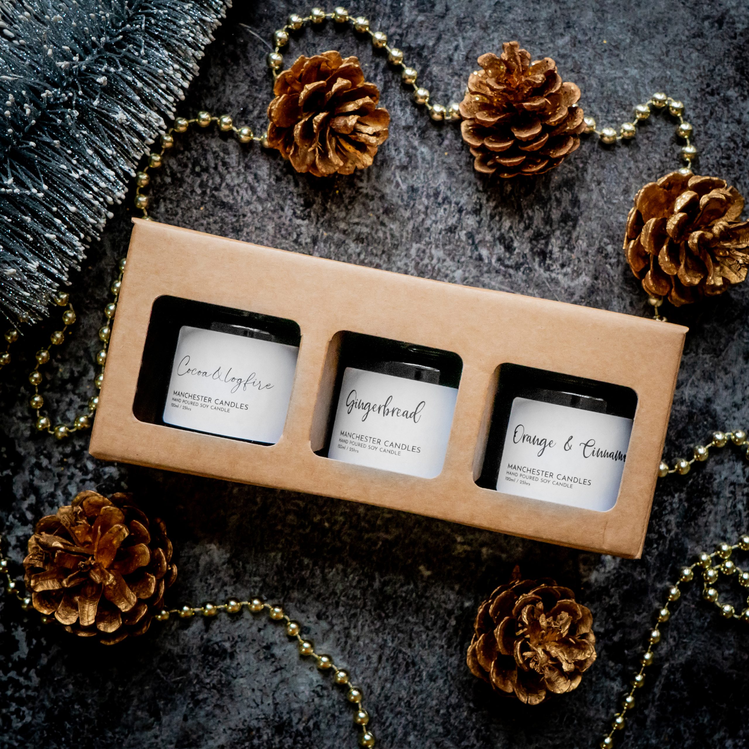 Candle Trio Gift Box. Three Boxed Festive Candles- Manchester Candles